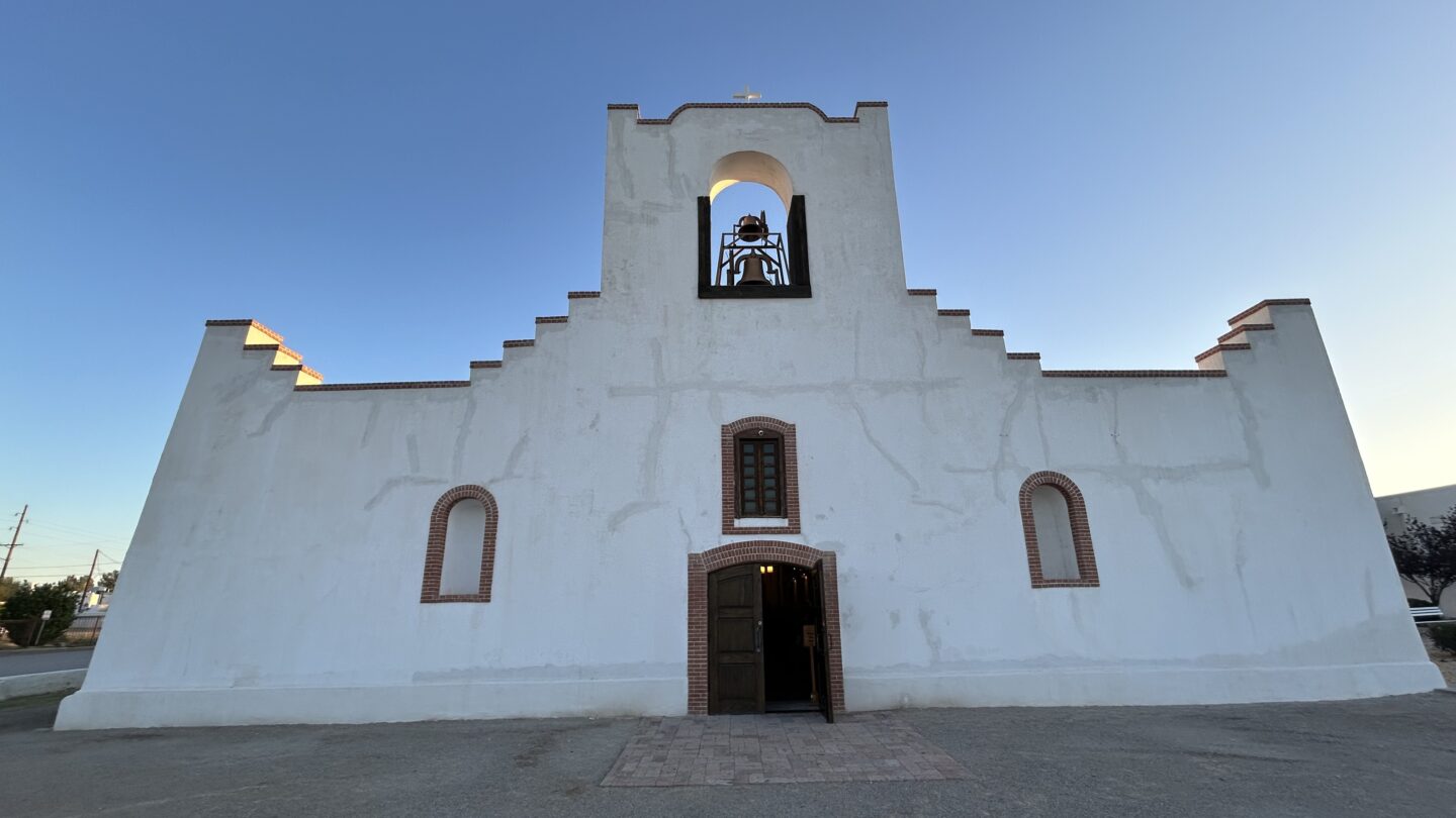 Visible restored cracks outside of the Socorro Mission on May 27, 2026. 
