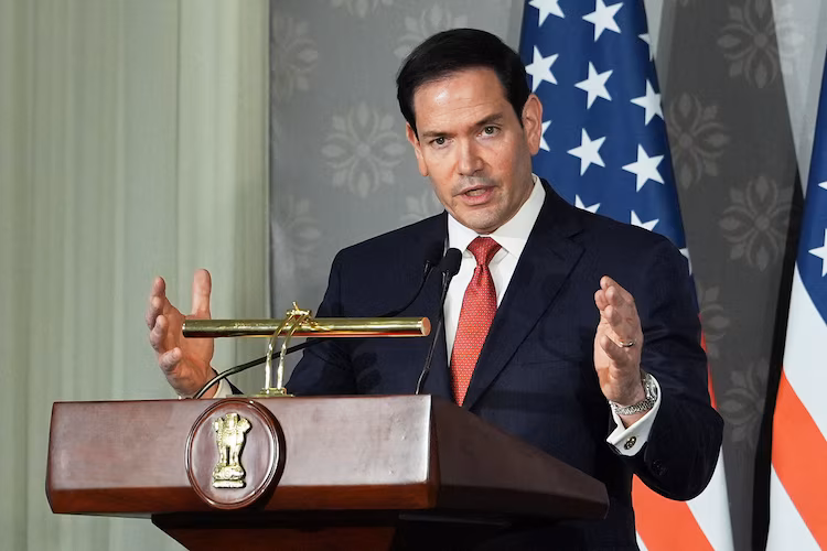Secretary of State Marco Rubio addresses a press conference at Hyderabad House in New Delhi on May 24, 2026.