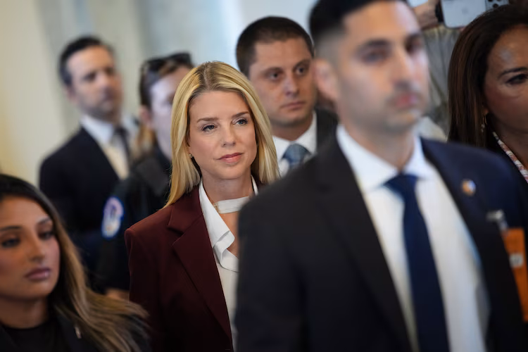 Former U.S. Attorney General Pam Bondi arrives to testify at a closed-door interview with the House Oversight Committee on Capitol Hill, May 29, 2026 in Washington