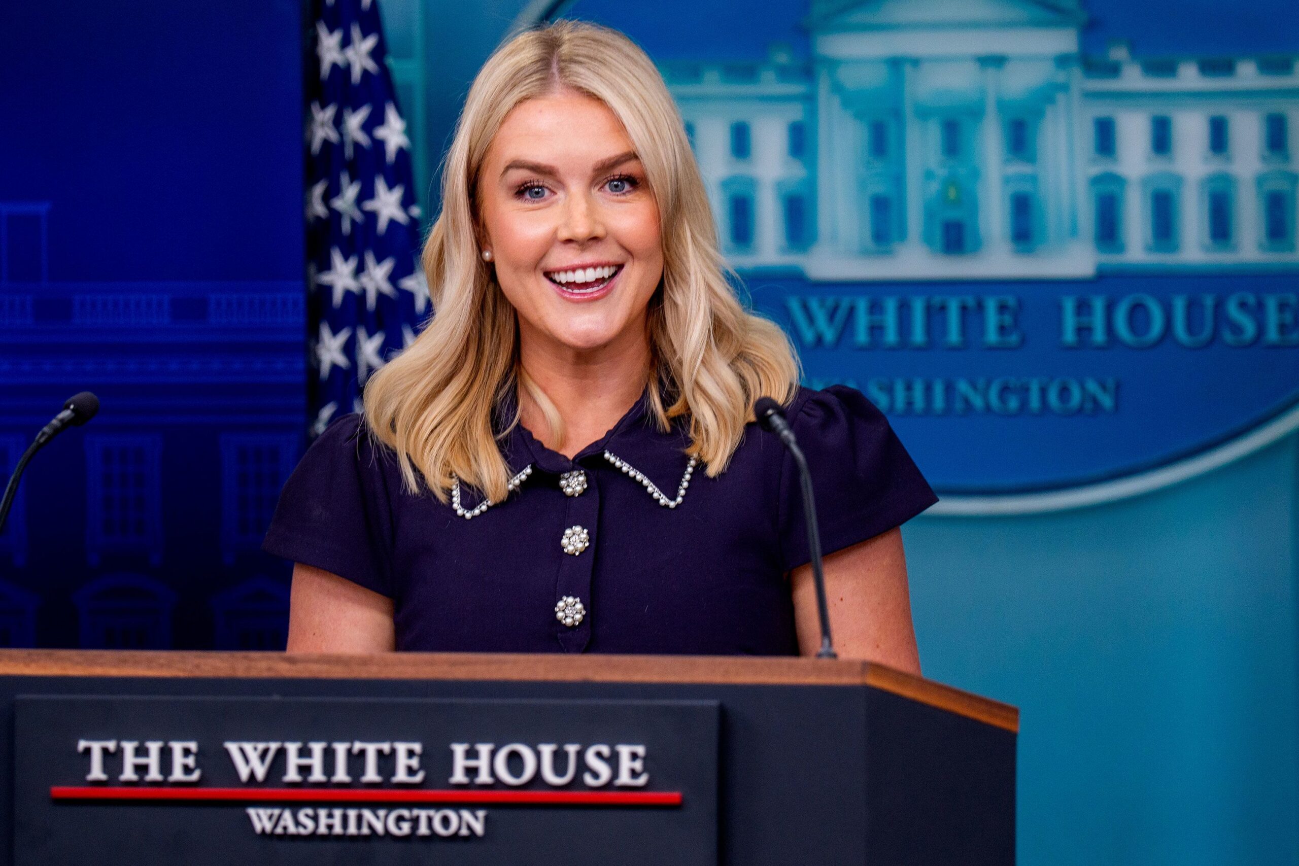 <i>Andrew Harnik/Getty Images/FILE via CNN Newsource</i><br/>White House press secretary Karoline Leavitt speaks during a press briefing at the White House in August. Leavitt on May 7 announced the birth of her daughter Viviana