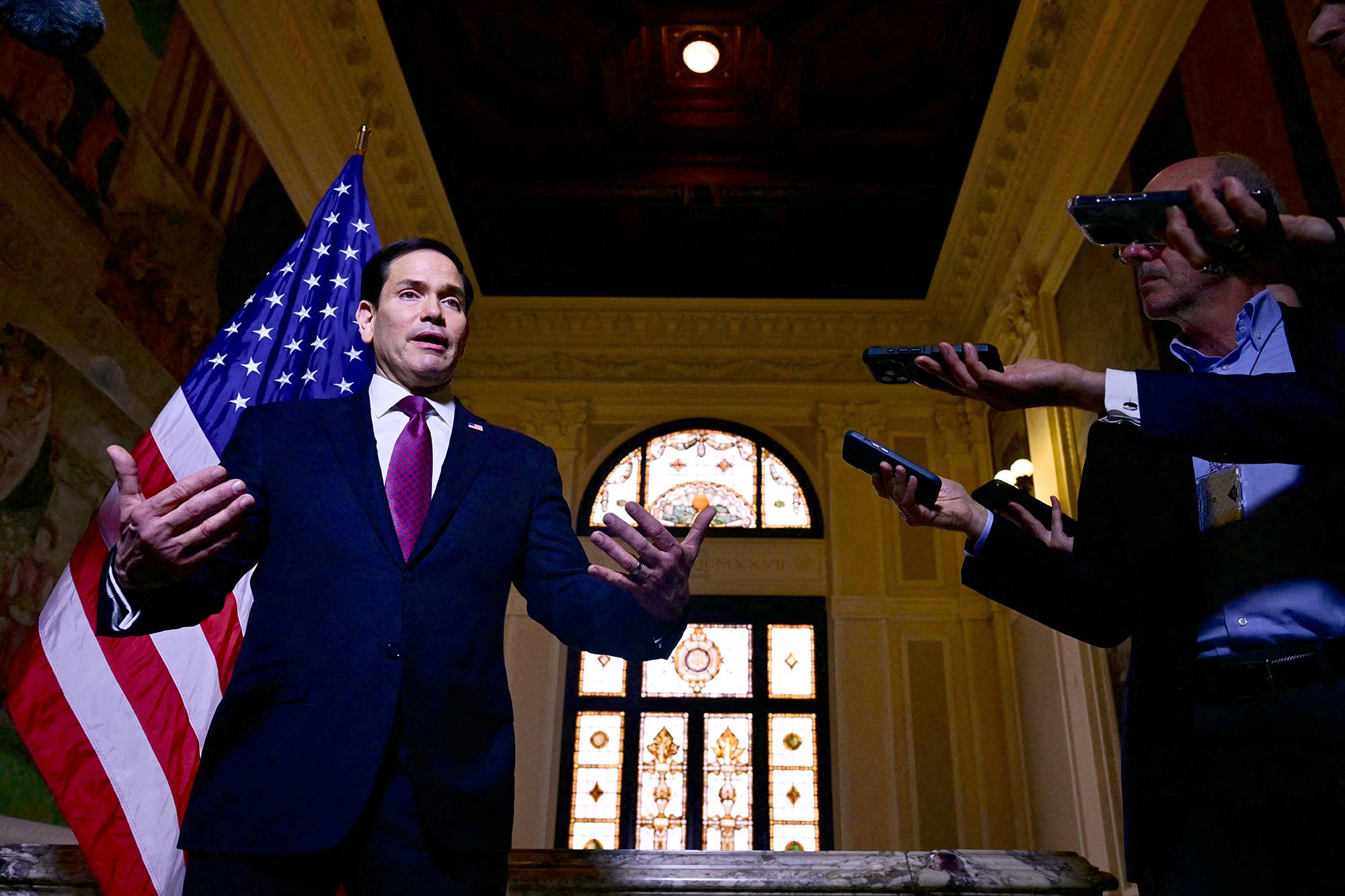 <i>Stefano Rellandini/AFP/Getty Images via CNN Newsource</i><br/>U.S. Secretary of State Marco Rubio speaks to the press at the US Embassy in Rome on May 8.