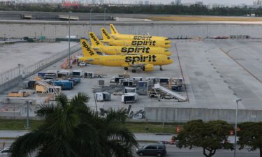 Spirit Airlines planes are parked on the tarmac at the Fort Lauderdale-Hollywood International Airport on May 2