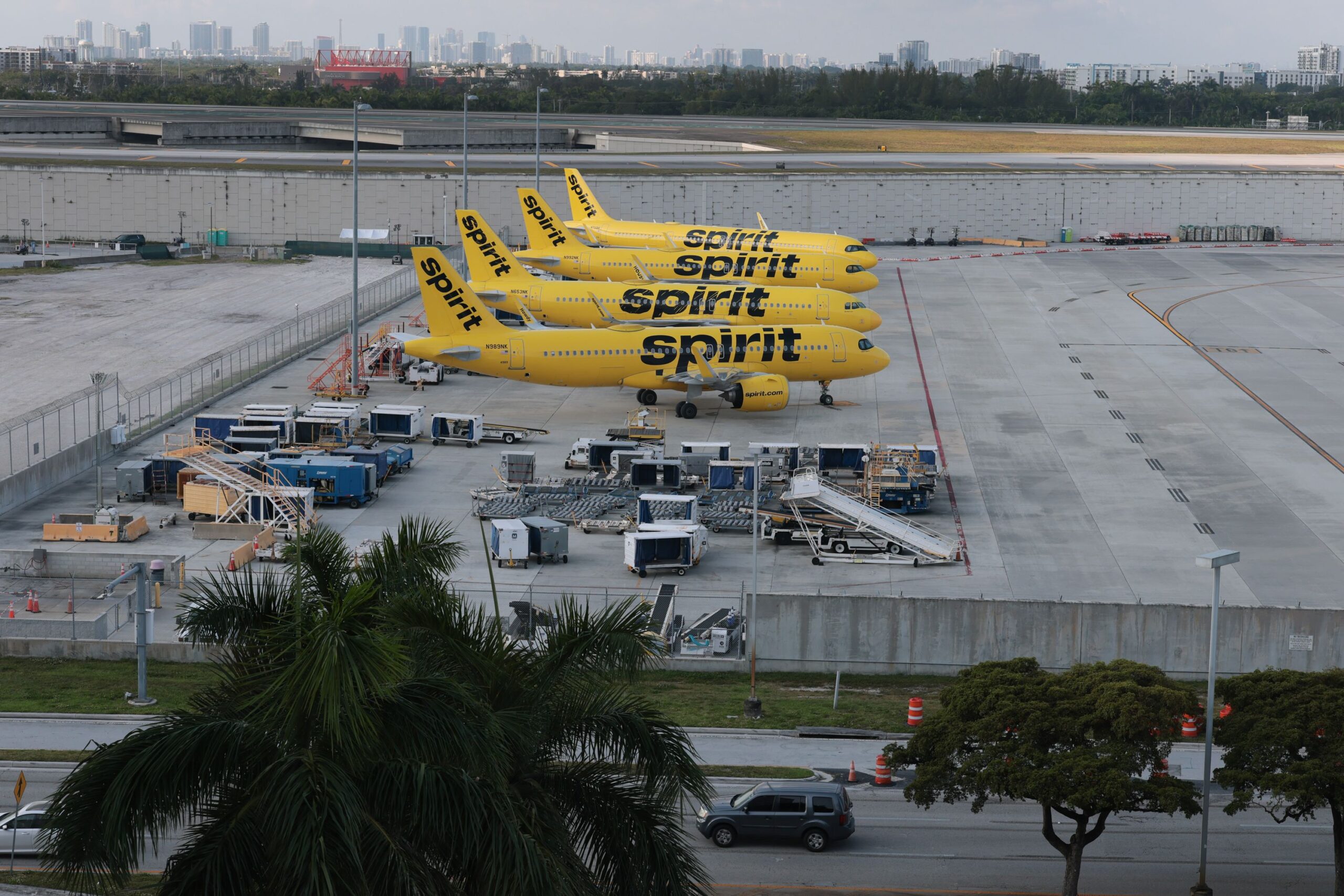 <i>Joe Raedle/Getty Images via CNN Newsource</i><br/>Spirit Airlines planes are parked on the tarmac at the Fort Lauderdale-Hollywood International Airport on May 2
