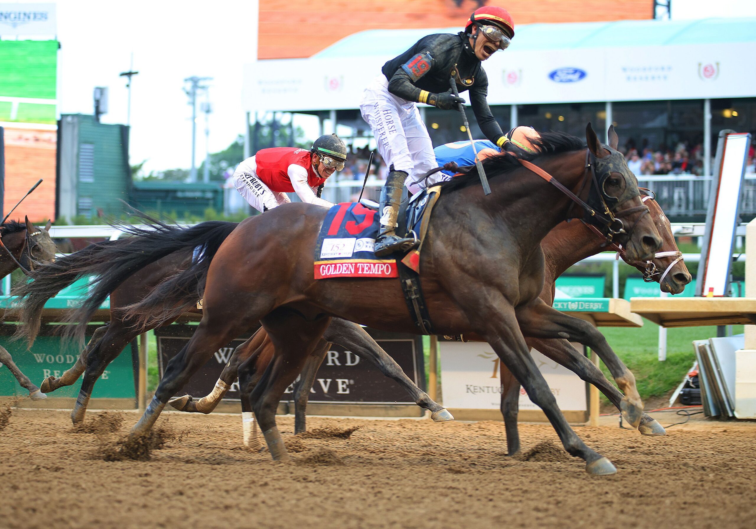 <i>Andy Lyons/Getty Images via CNN Newsource</i><br/>Cherie DeVaux speaks to the media after becoming the first female trainer to win the Kentucky Derby.