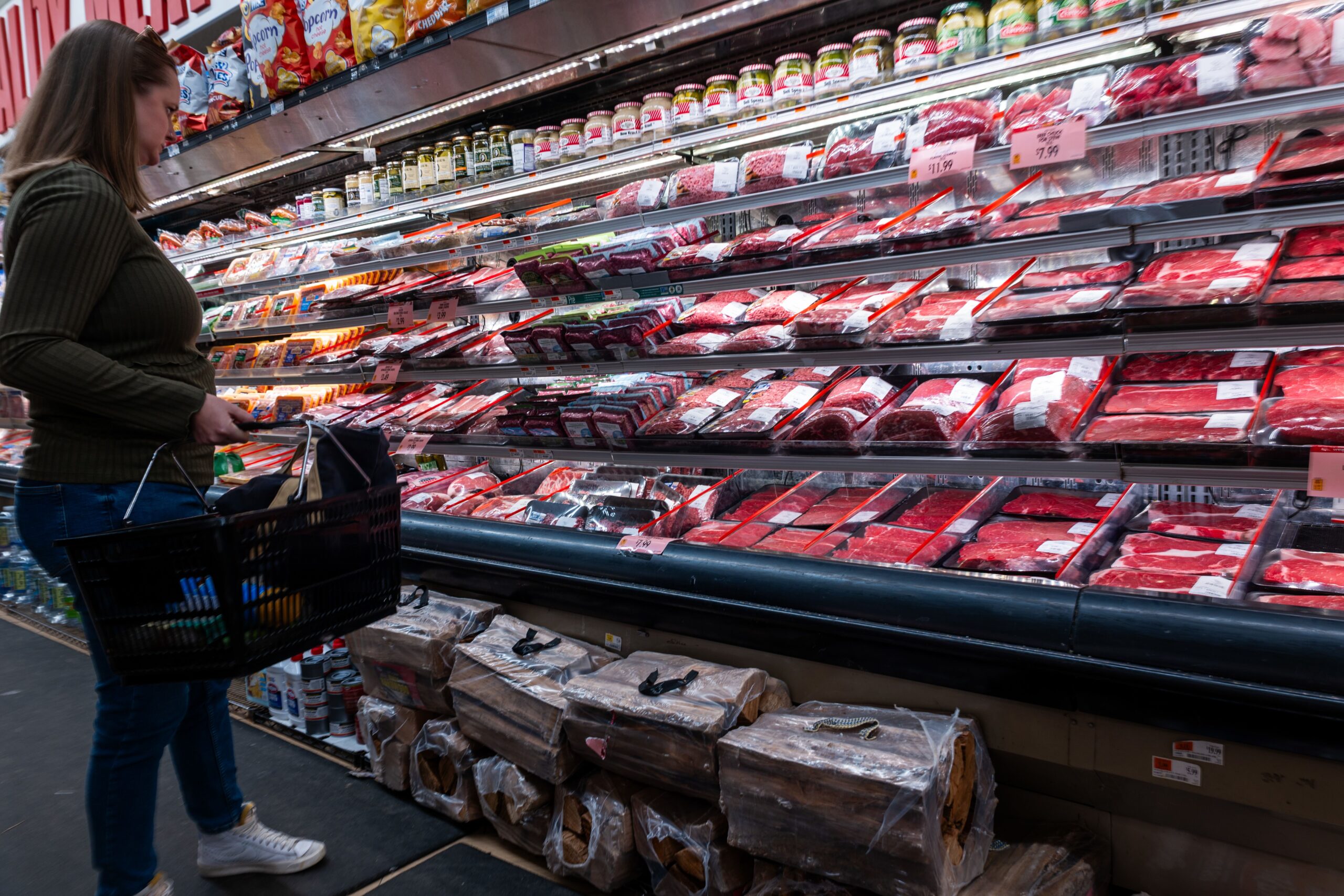 <i>Spencer Platt/Getty Images North America/Getty Images via CNN Newsource</i><br/>Meat is displayed at a grocery store in Brooklyn on May 12