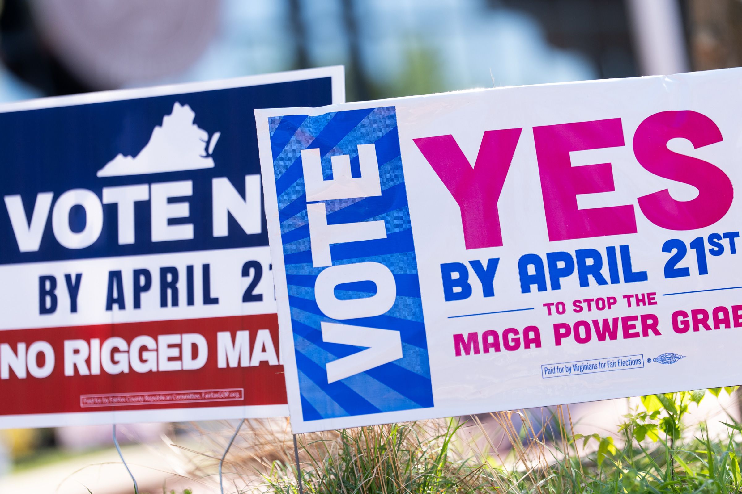 <i>Julia Demaree Nikhinson/AP via CNN Newsource</i><br/>Signs are seen outside Fairfax Government Center during the Virginia redistricting referendum on April 21 in Fairfax