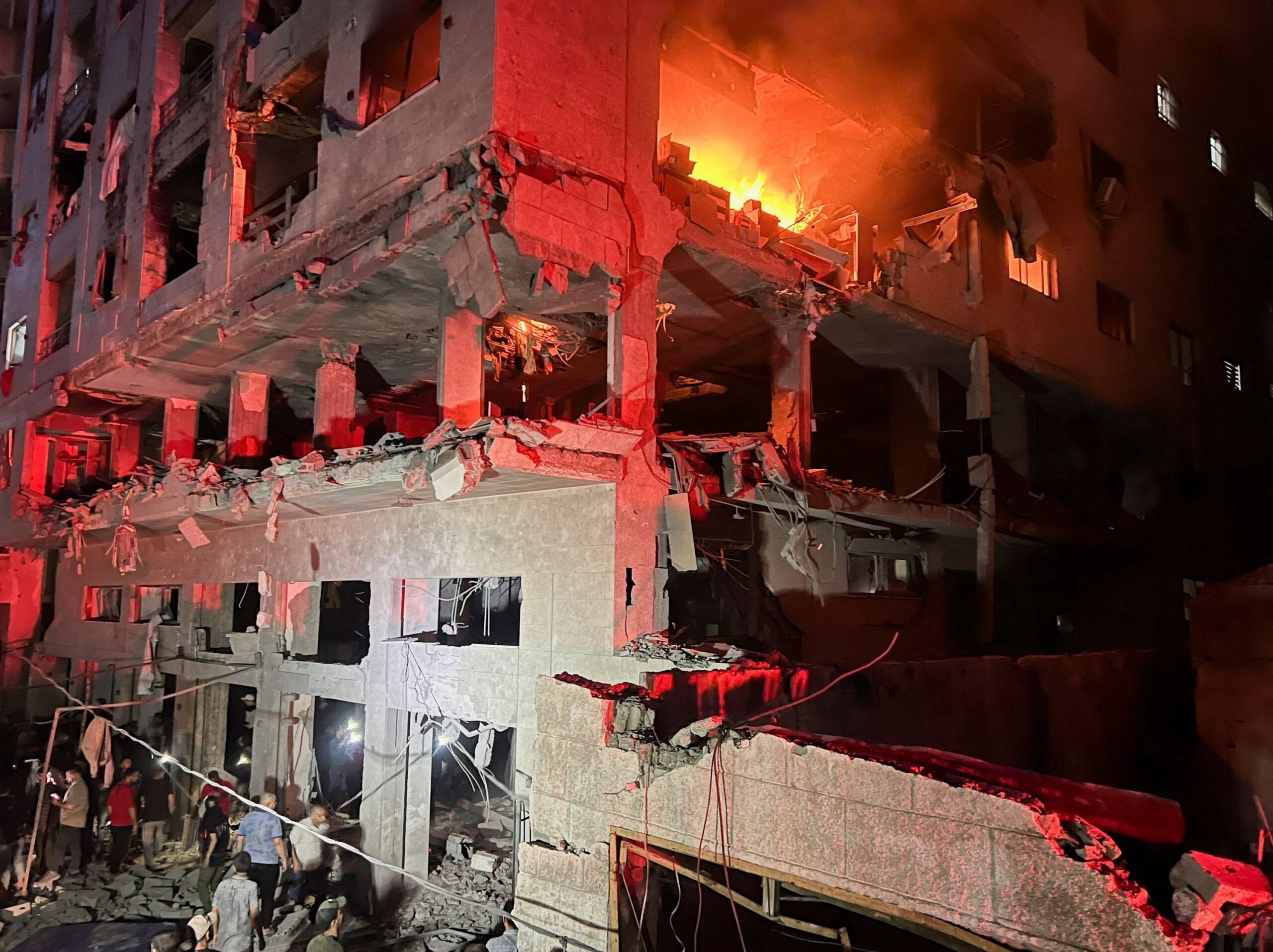 A fire burns in a residential apartment after Israeli air strikes, according to Gaza's Ministry of Health, in Gaza City on May 15.