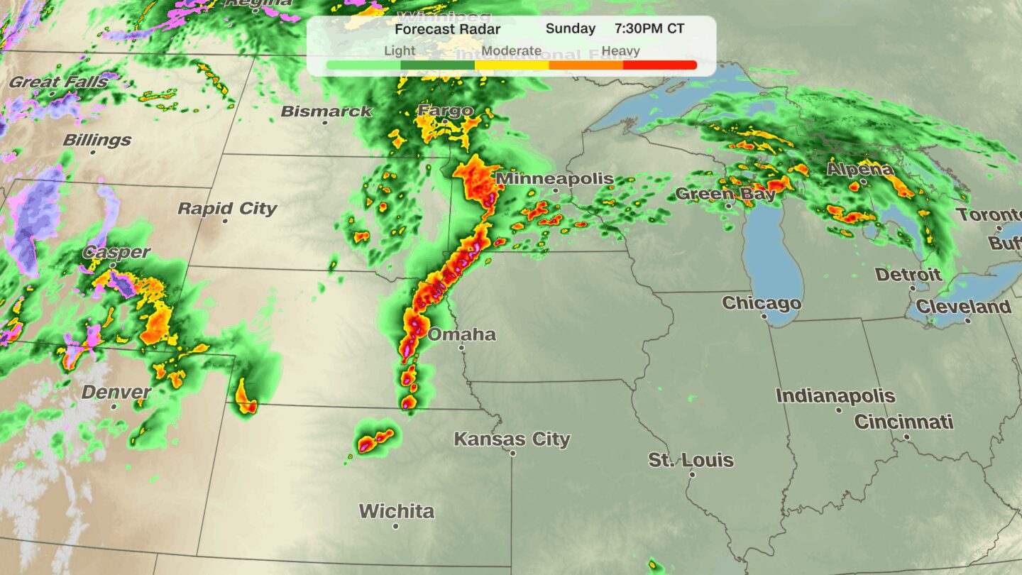 <i>CNN Weather via CNN Newsource</i><br/>A model forecast for severe thunderstorms Sunday evening.