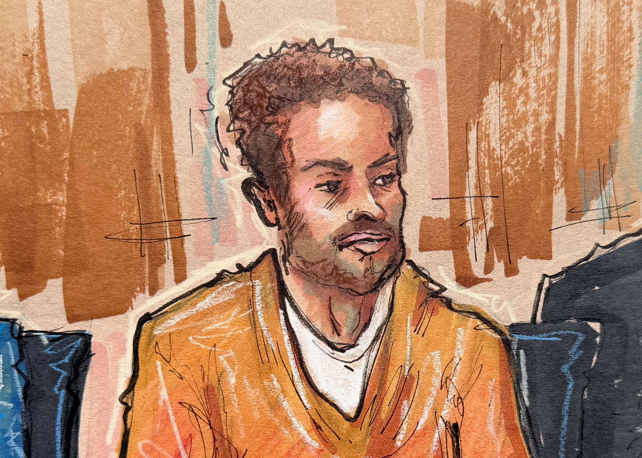 Cole Tomas Allen, the suspect in the White House Correspondents' Association dinner shooting, sits in the courtroom during a hearing in this April 30, courtroom sketch.