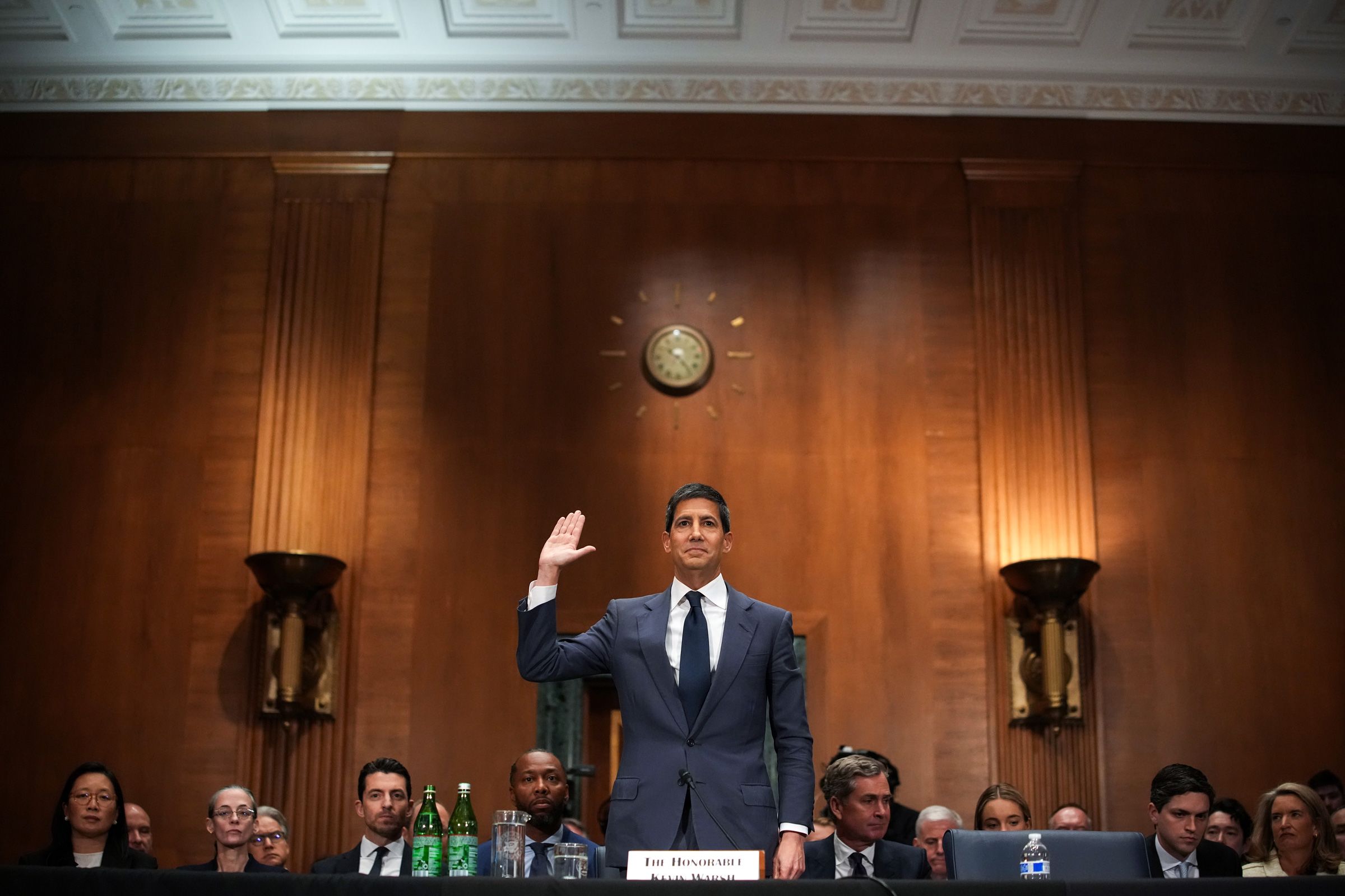 Kevin Warsh is sworn in to testify during his Senate Committee on Banking, Housing, and Urban Affairs confirmation hearing in the Dirksen Senate Office Building on April 21, in Washington, DC.