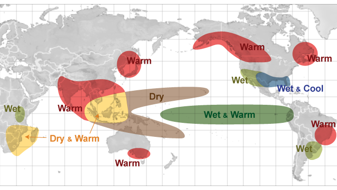 <i>NOAA via CNN Newsource</i><br/>Typical global impacts from El Niño in Northern Hemisphere winter and Southern Hemisphere summer.