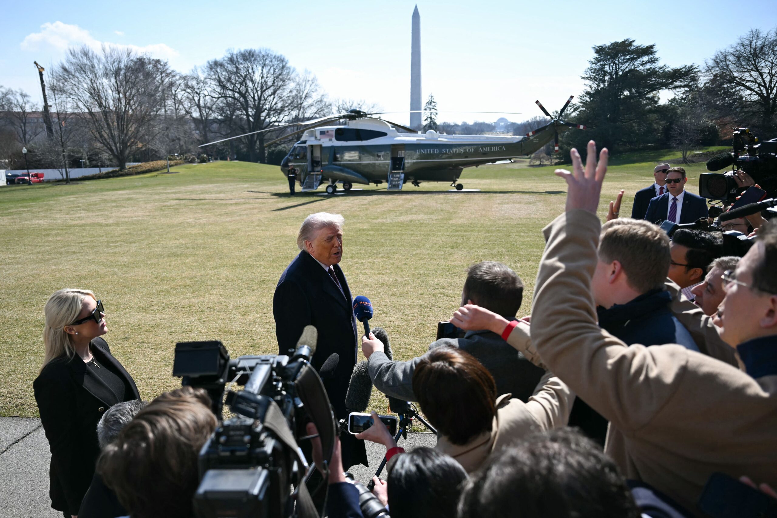 <i>Andrew Caballero-Reynolds/AFP/Getty Images via CNN Newsource</i><br/>President Donald Trump speaks to the press before boarding Marine One as he departs from the South Lawn of the White House on February 27.