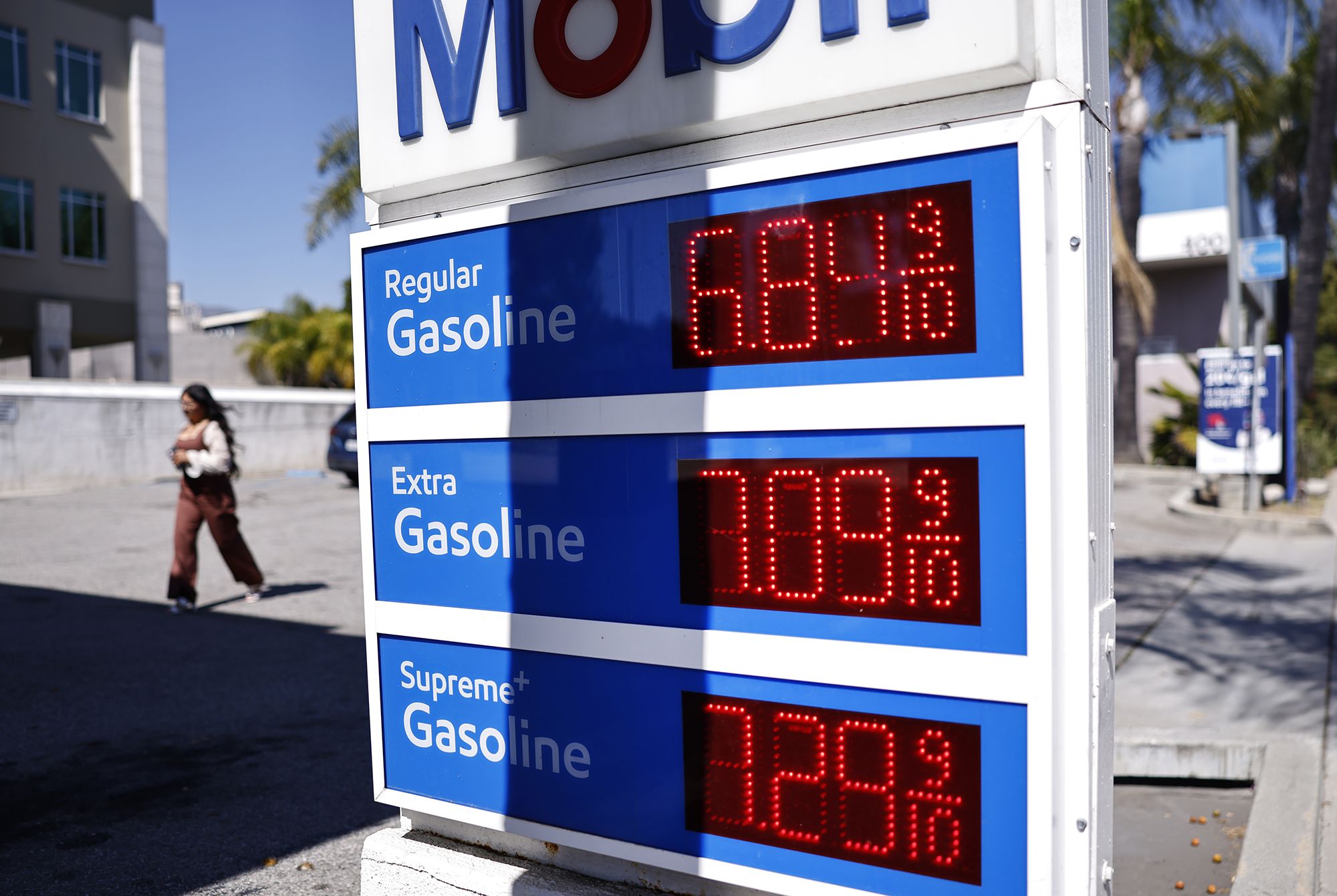 <i>Mario Tama/Getty Images via CNN Newsource</i><br/>Gas prices at a Mobil gas station on May 11