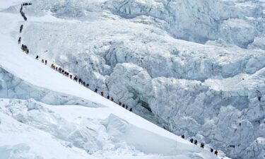A queue of mountain climbers lining up to stand at the summit of Mount Everest on May 22