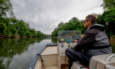 Jason Ulseth gives a boat tour of the Chattahoochee River in Atlanta in April 2025.