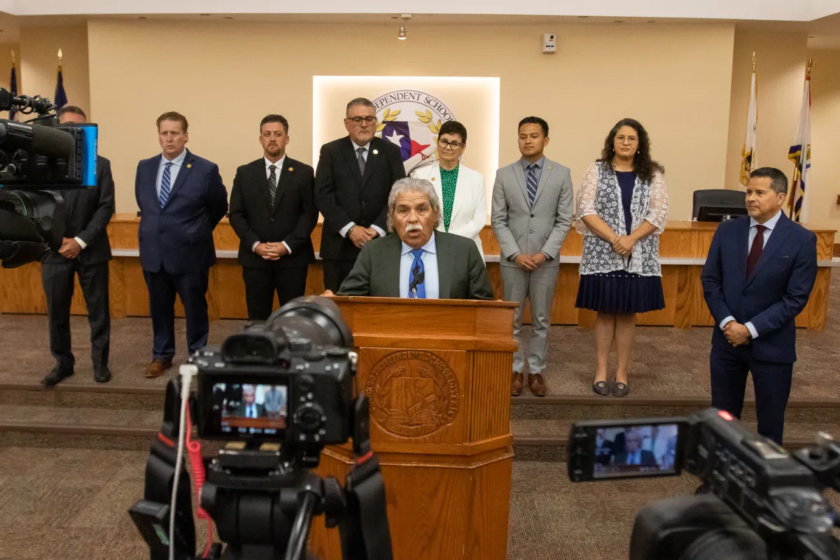 Michael Hinojosa, one of two conservators appointed by the Texas Education Agency to Socorro ISD in 2024, during a press conference on the district’s superintendent search, June 24, 2025.