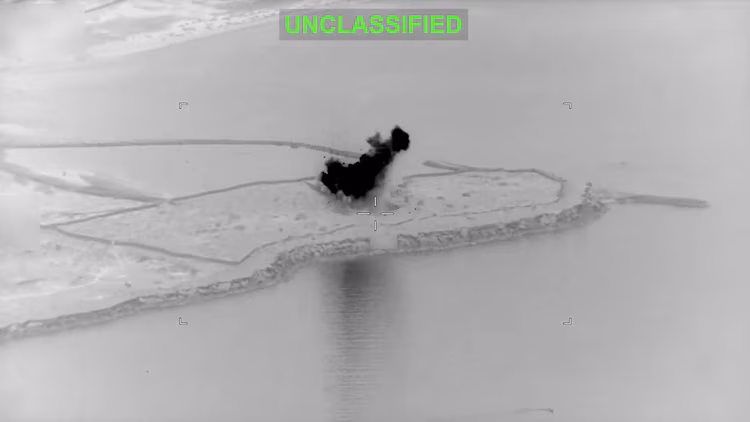 A still photo from a video released by U.S. Central Command showing what it says are U.S. strikes on Iranian coastal surveillance radar sites in Goruk and on Qeshm Island.