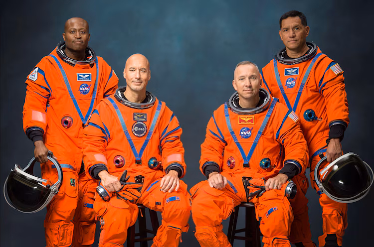 The Artemis III crew poses for an official portrait. From left: Andre Douglas, Luca Parmitano, Randy Bresnik, Frank Rubio.