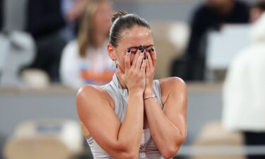 Marta Kostyuk reacts after victory over Elina Svitolina in the French Open quarterfinals.