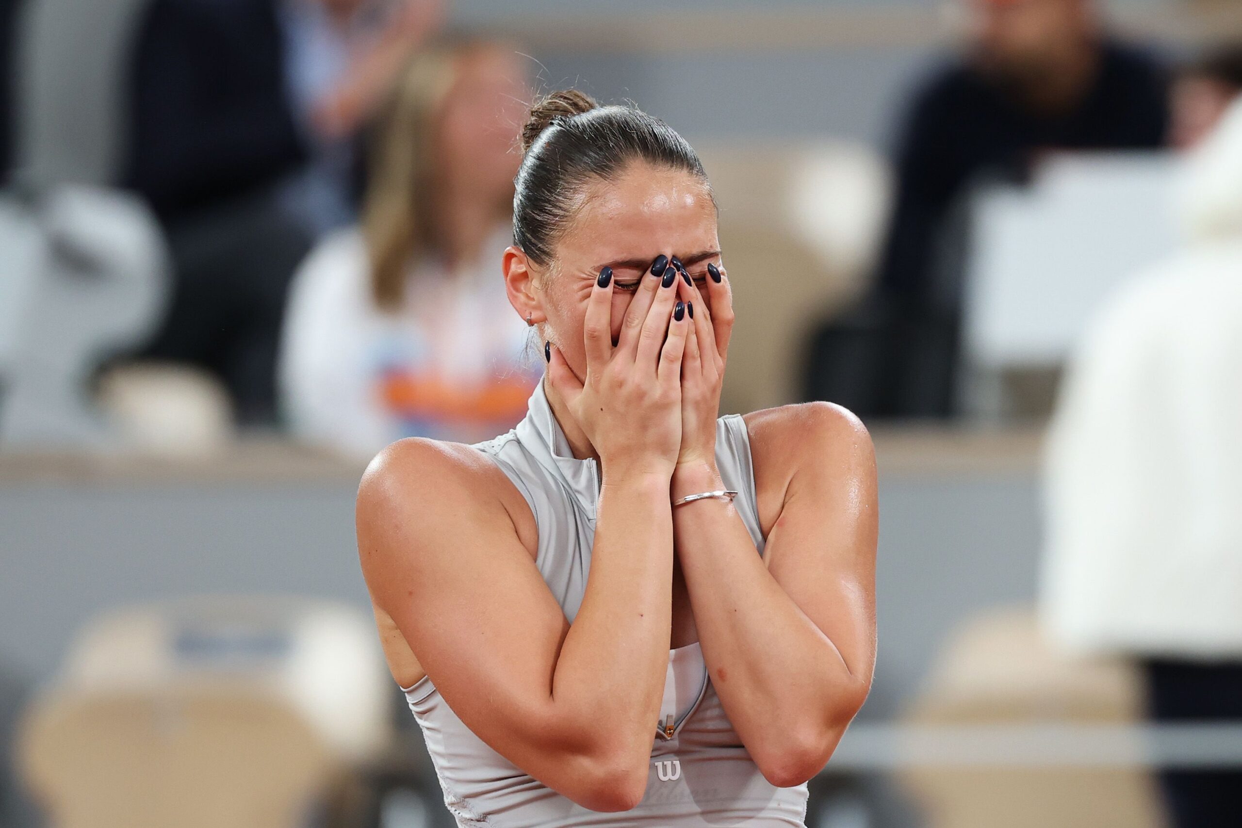 <i>Clive Brunskill/Getty Images via CNN Newsource</i><br/>Marta Kostyuk reacts after victory over Elina Svitolina in the French Open quarterfinals.