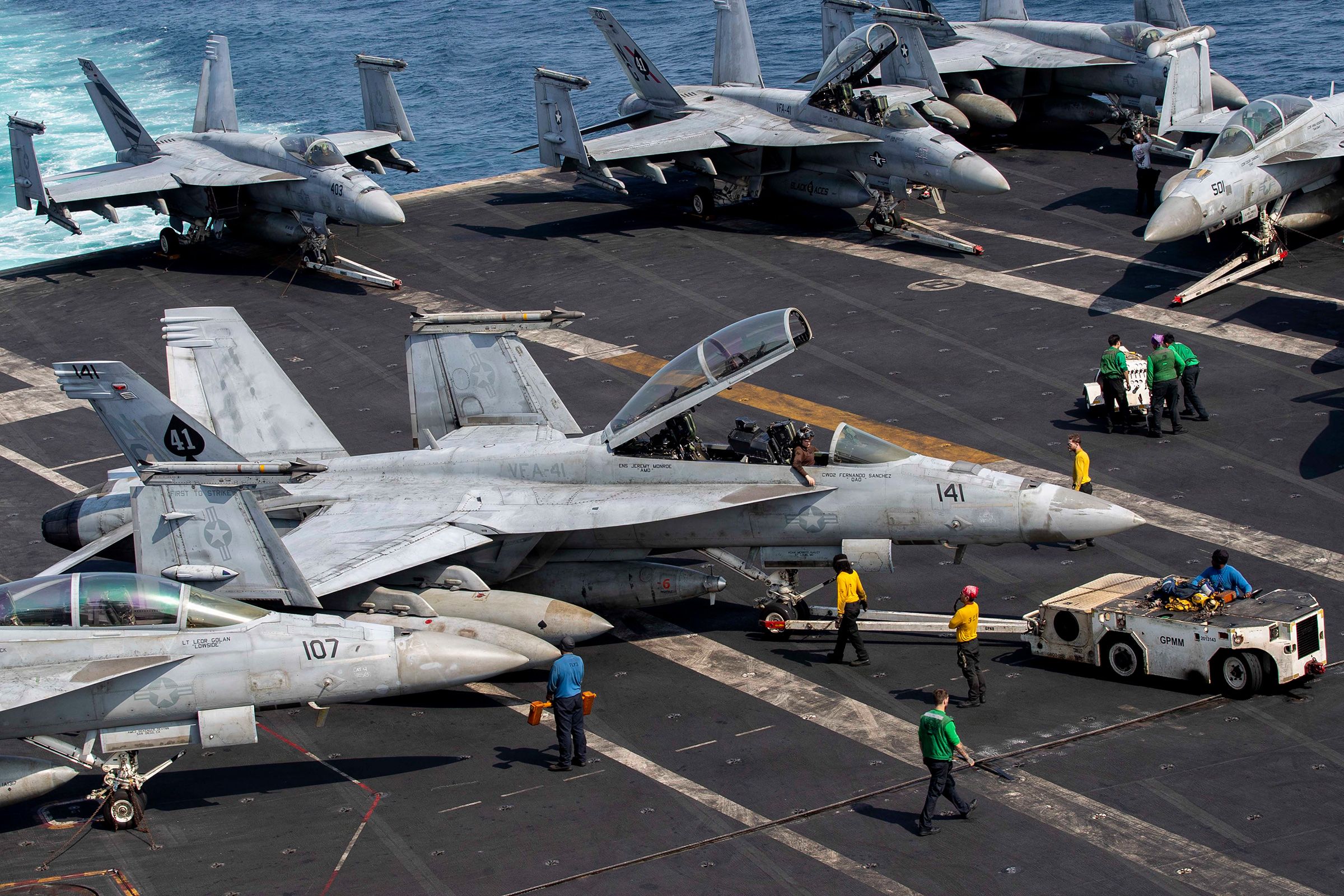 <i>US Navy/US Central Command Public Affairs via CNN Newsource</i><br/>U.S. Sailors taxi an F/A-18F Super Hornet on the flight deck aboard Nimitz-class aircraft carrier USS Abraham Lincoln in support of Operation Epic Fury