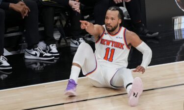 Jalen Brunson of the New York Knicks dribbles the ball during Game 1 of the NBA Finals.