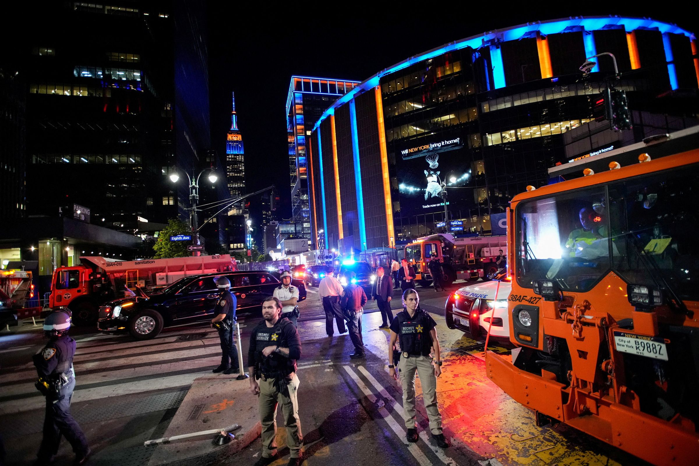 <i>Eduardo Munoz/Reuters via CNN Newsource</i><br/>The motorcade of President Donald Trump leaves Madison Square Garden after he attended Game 3 of the NBA Finals between the New York Knicks and San Antonio Spurs in New York City