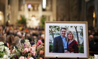 A photo of Mark and Melissa Hortman is displayed during their funeral service inside the sanctuary at the Basilica of St. Mary's in Minneapolis on June 28