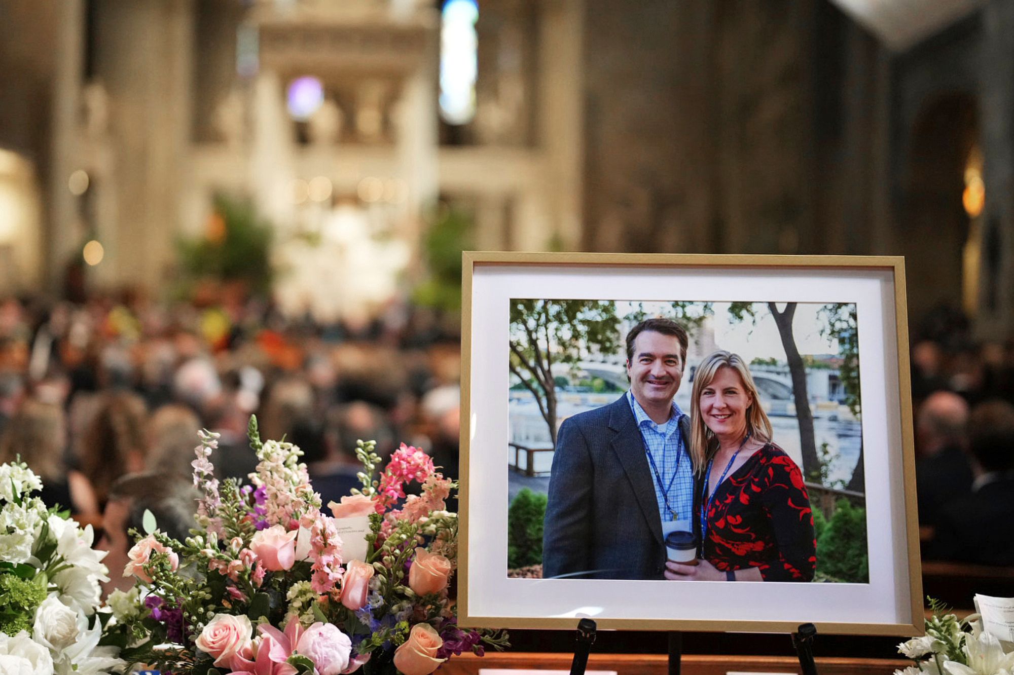 <i>Alex Kormann/Minnesota Star Tribune/AP/File via CNN Newsource</i><br/>A photo of Mark and Melissa Hortman is displayed during their funeral service inside the sanctuary at the Basilica of St. Mary's in Minneapolis on June 28