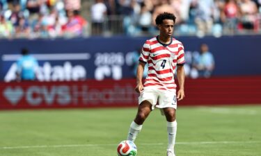 Tyler Adams controls the ball during a friendly against Senegal at Bank of America Stadium on May 31