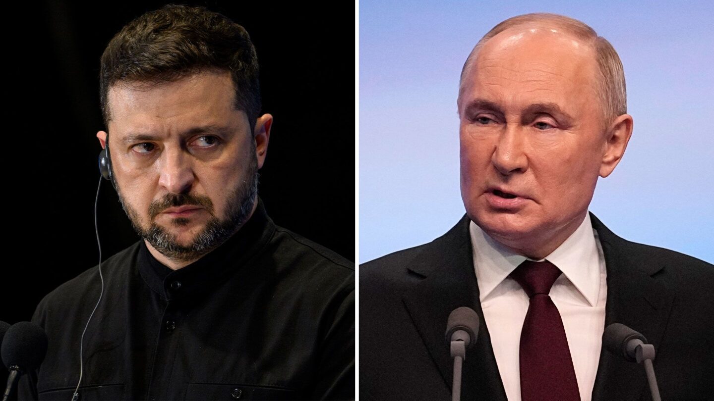 <i>Getty Images/AP via CNN Newsource</i><br/>Ukrainian President Volodymyr Zelensky and Russian President Vladimir Putin are seen here.