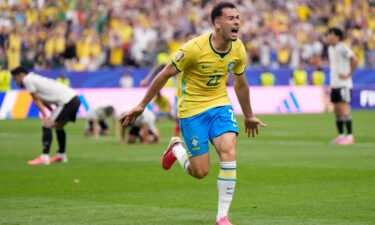 Brazil's Gabriel Martinelli celebrates after scoring late in second-half stoppage time.