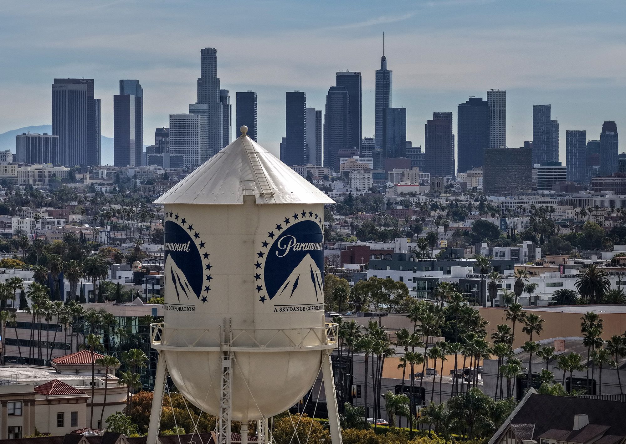 An aerial view of the Paramount logo on the water tower at Paramount Studios on February 23, in Los Angeles, California.