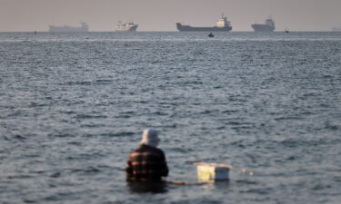 A person sits in shallow water as cargo and commercial vessels are anchored in the Strait of Hormuz off Bandar Abbas
