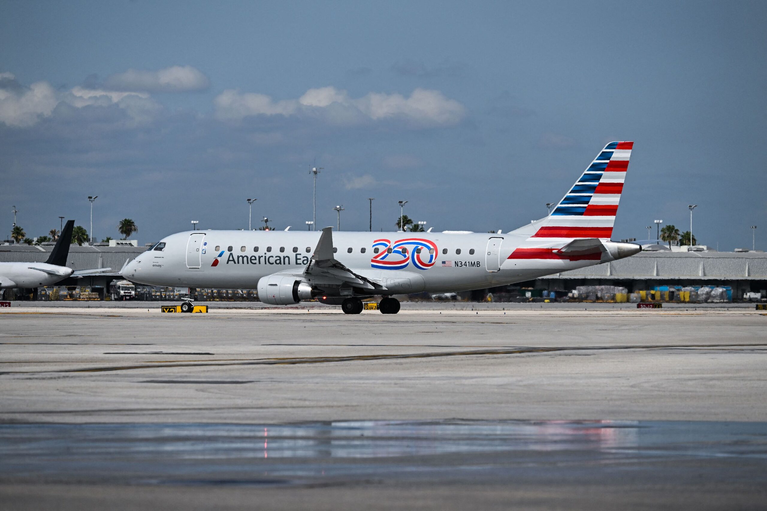 <i>Chandan Khanna/AFP/Getty Images via CNN Newsource</i><br/>American Airlines America250 commemorative aircraft taxis on April 30 in Caracas