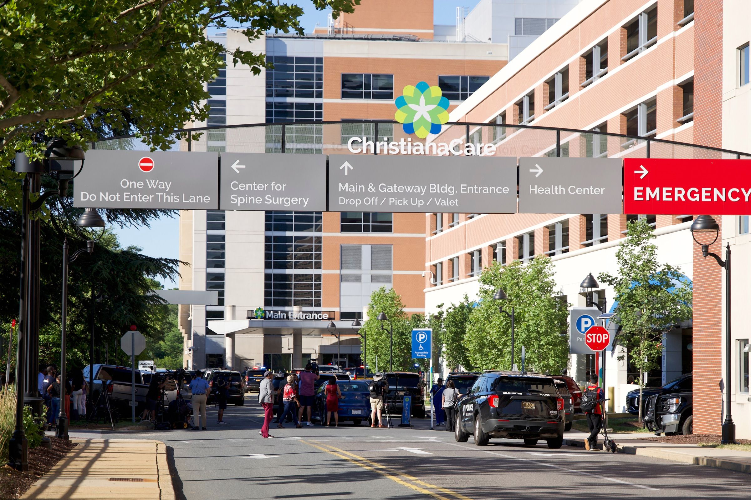 <i>Mingson Lau/AP via CNN Newsource</i><br/>The main entrance to Wilmington Hospital is shown in the aftermath of a shooting on June 16 in Wilmington