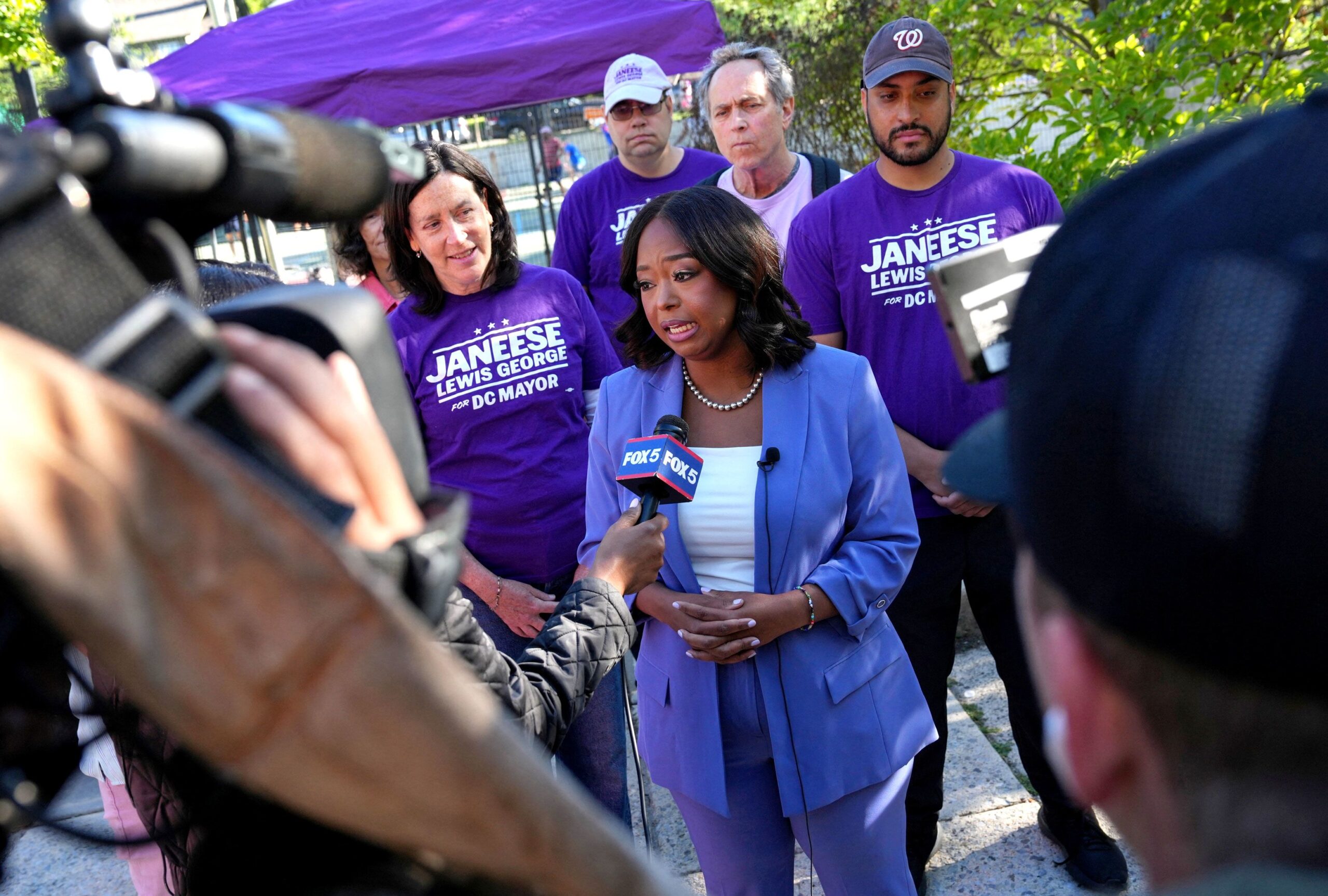 <i>Leah Millis/Reuters via CNN Newsource</i><br/>DC Mayoral candidate Janeese Lewis George gives an interview with members of the news media next to a voting site at the Chevy Chase Community Center during DC’s primary voting day in Washington