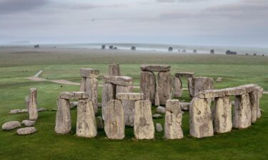The ancient Neolithic monument of Stonehenge near Amesbury is viewed from a hot air balloon on September 7