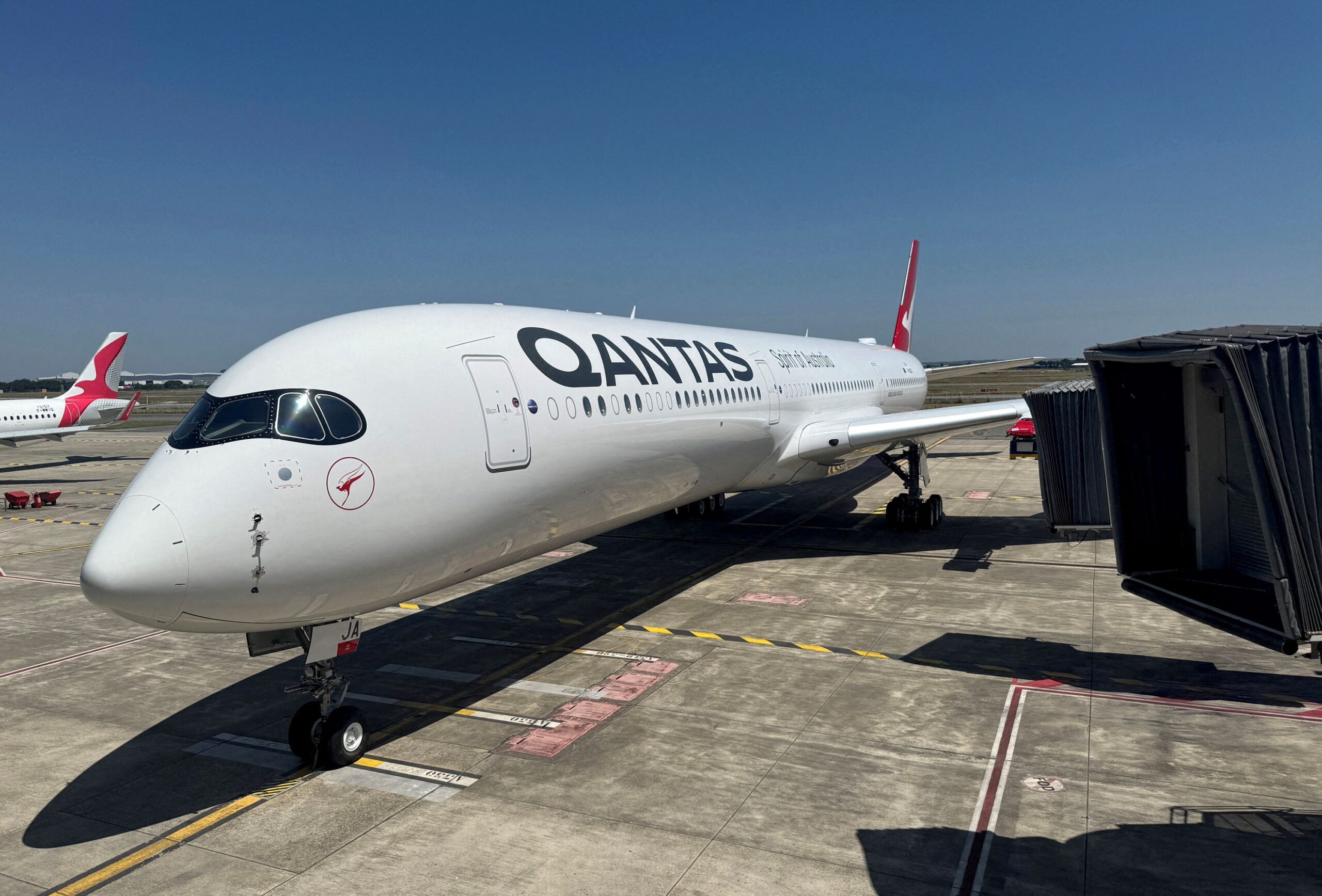 <i>Tim Hepher/Reuters via CNN Newsource</i><br/>A displays shows how the first-class suite will look on the "Project Sunrise" flights.