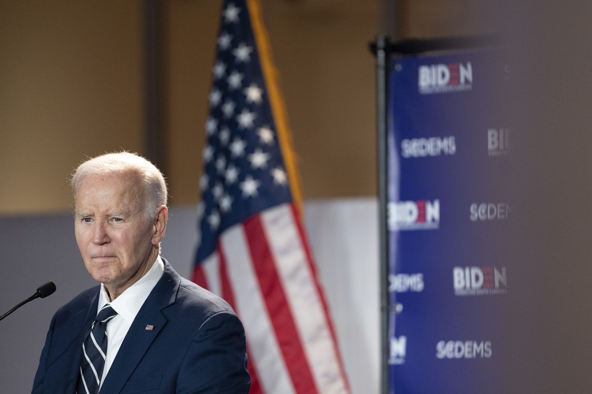 <i>Sean Rayford/Getty Images via CNN Newsource</i><br/>Former President Joe Biden speaks to a crowd during a fundraising event with the South Carolina Democratic Party on February 27