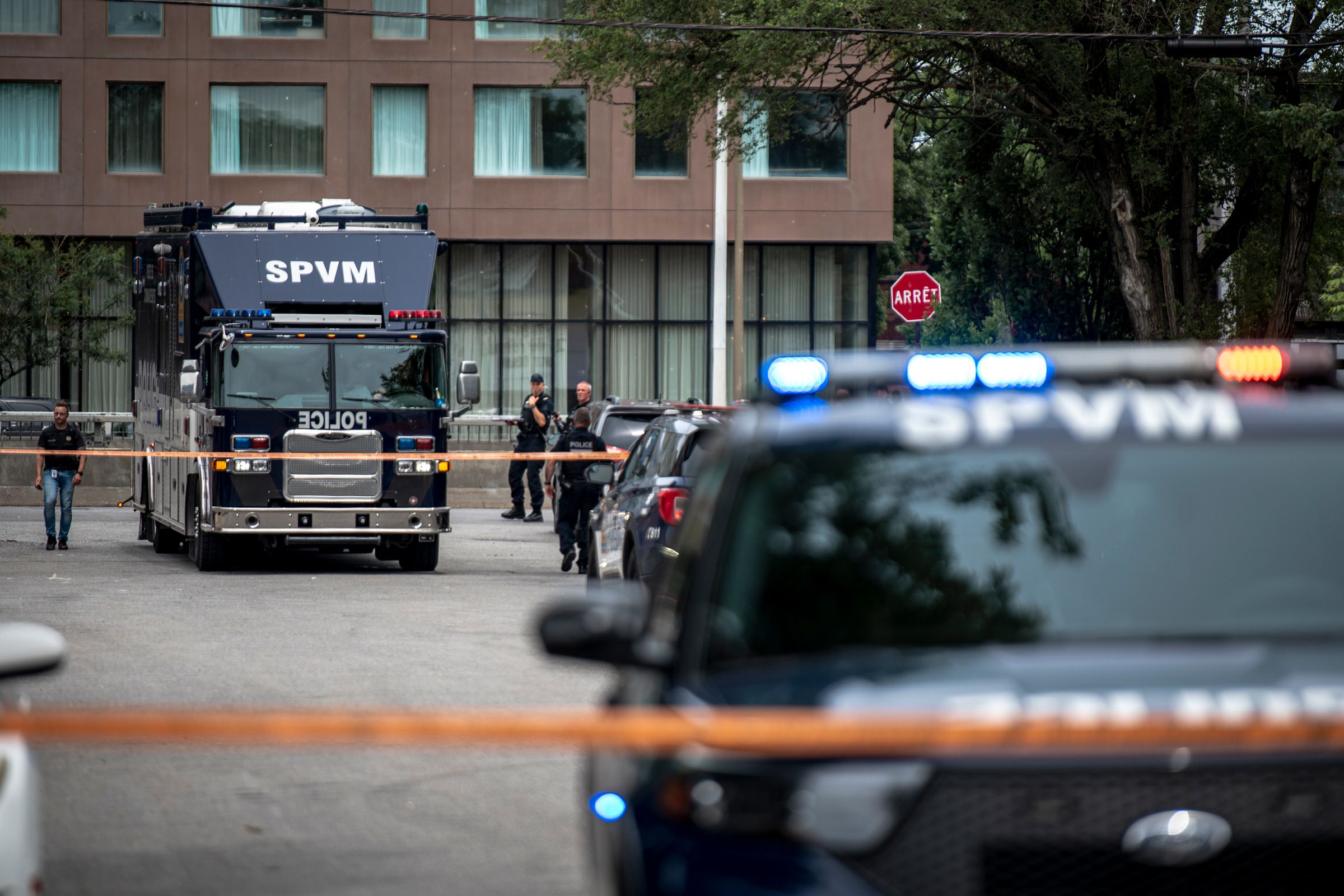 <i>Andrej Ivanov/Getty Images via CNN Newsource</i><br/>Police near the scene of a shooting in Montreal