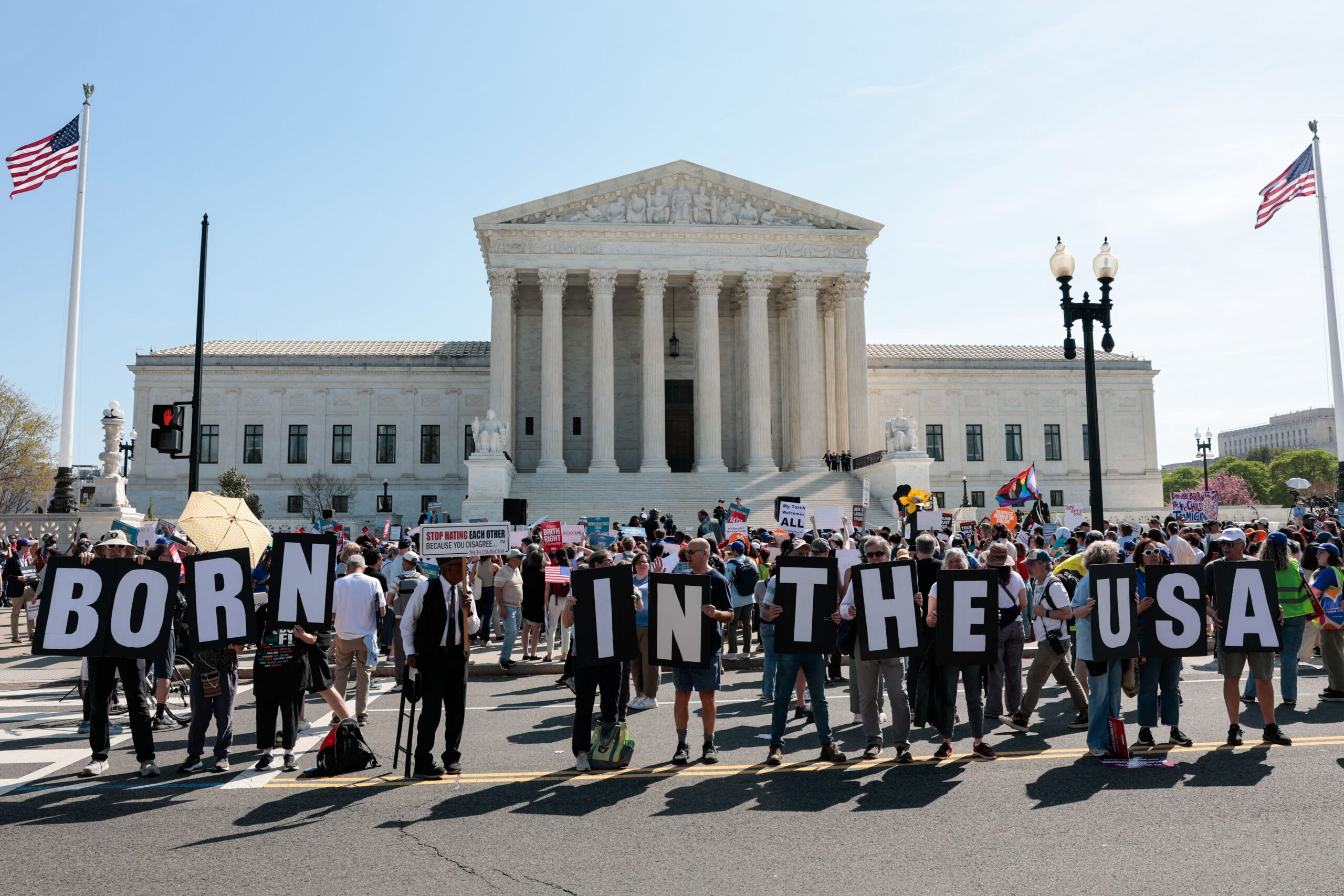 <i>KENT NISHIMURA/AFP/AFP via Getty Images via CNN Newsource</i><br/>Demonstrators rally in support of birthright citizenship outside the US Supreme Court as President Donald Trump attends oral arguments in Washington