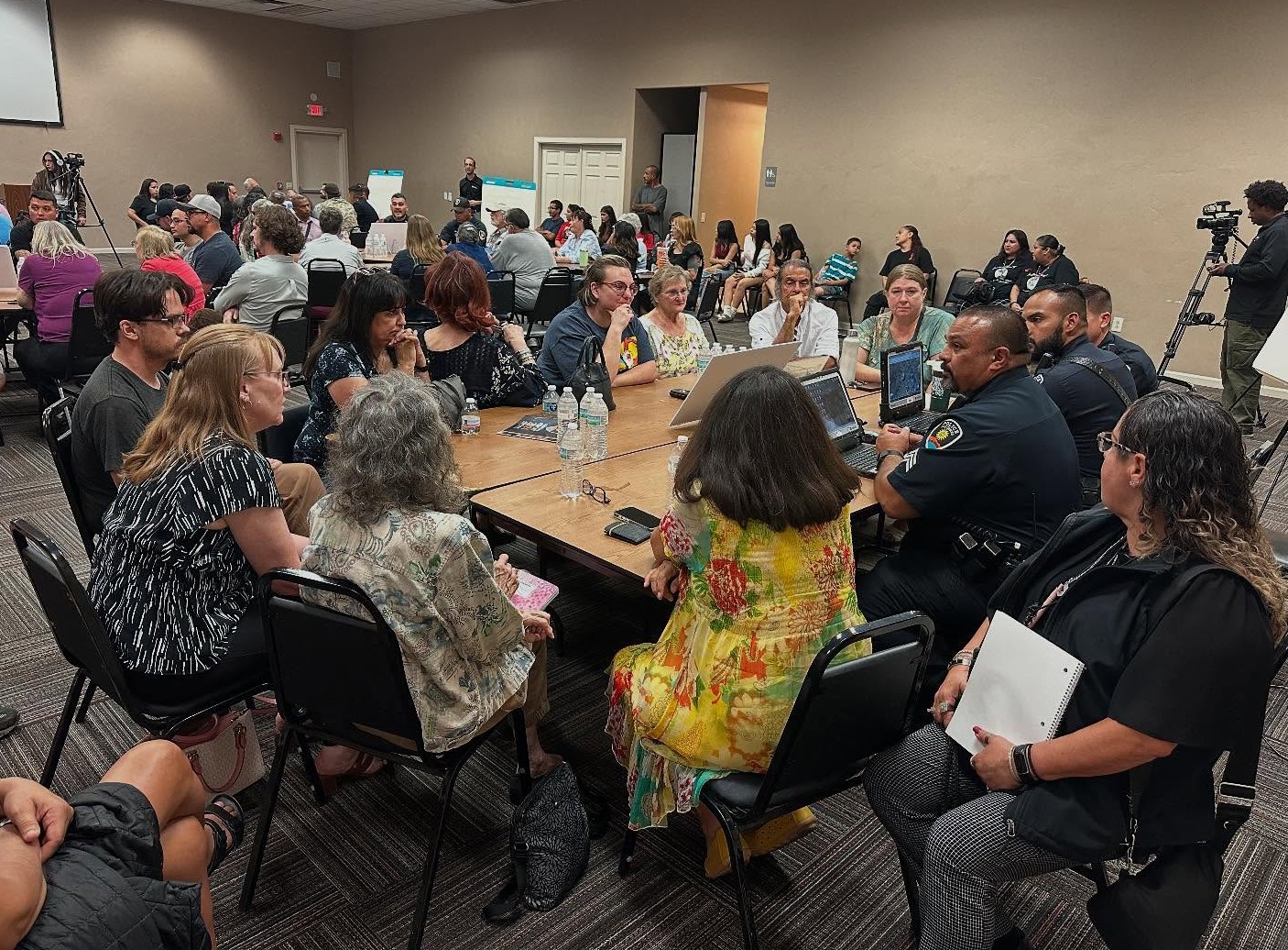 The Las Cruces Police Department is hosting a Town Hall meeting featuring interactive sessions with Mayor Eric Enriquez and all six City Councilors. The town hall meeting will be held at 6 p.m. Wednesday, July 29, at City Hall. Pictured is a town hall meeting held in July 2025.