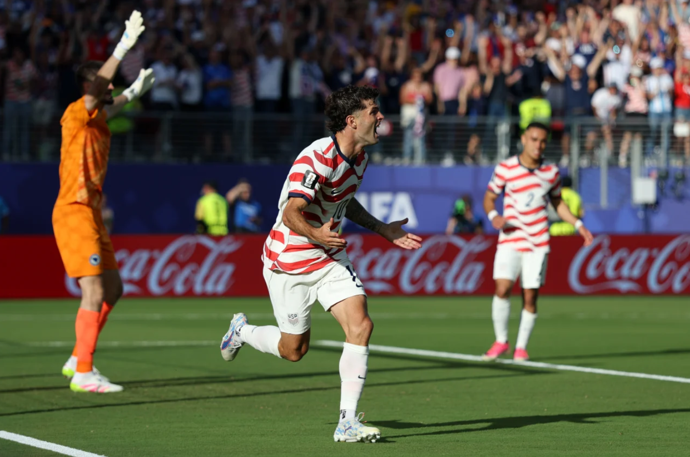 <i>Charlotte Wilson/Getty Images via CNN Newsource</i><br/>Christian Pulisic reacts after his goal was disallowed.