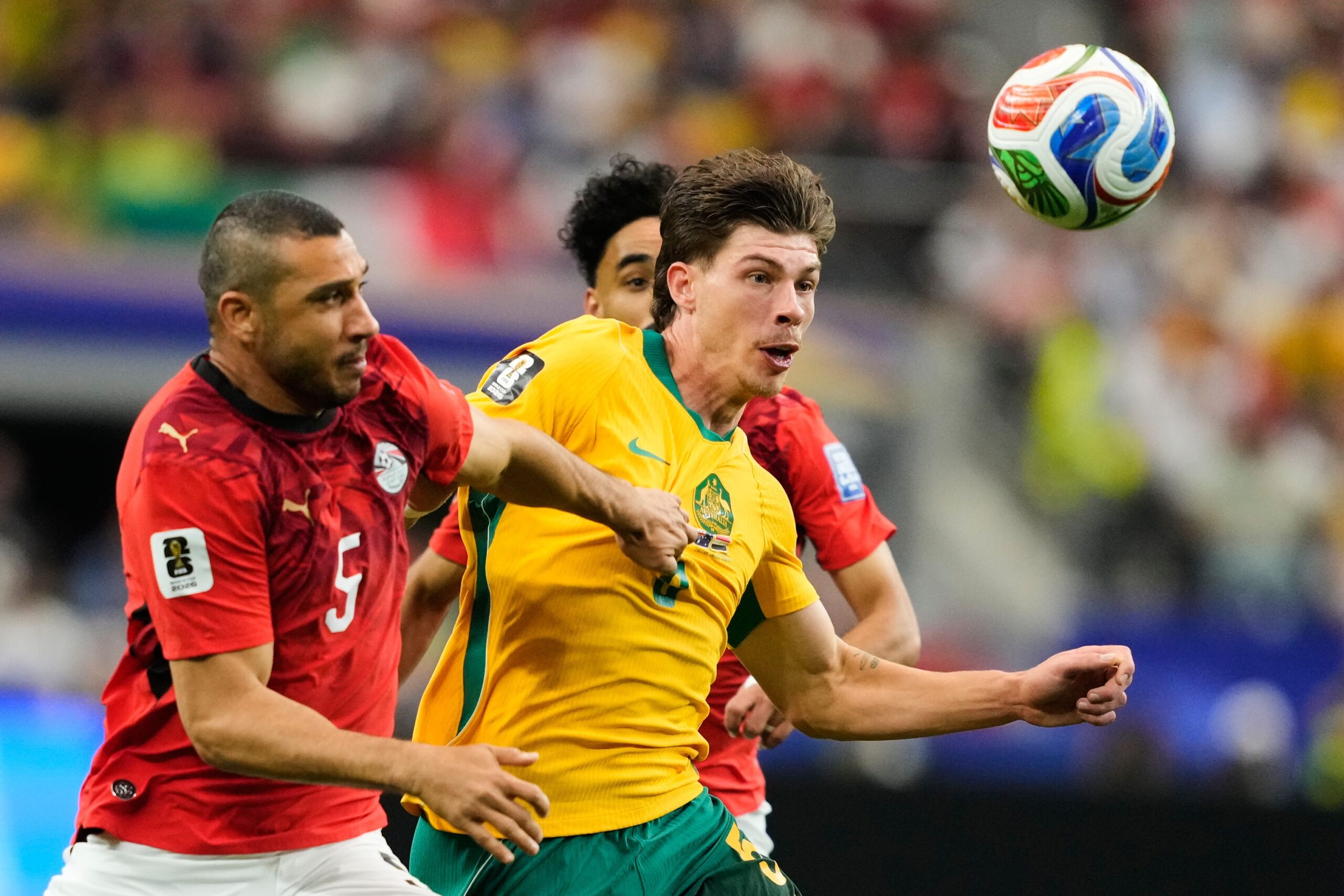 <i>Julio Cortez/AP via CNN Newsource</i><br/>Egypt's Emam Ashour celebrates scoring the opening goal during a World Cup round of 32 soccer match between Australia and Egypt.