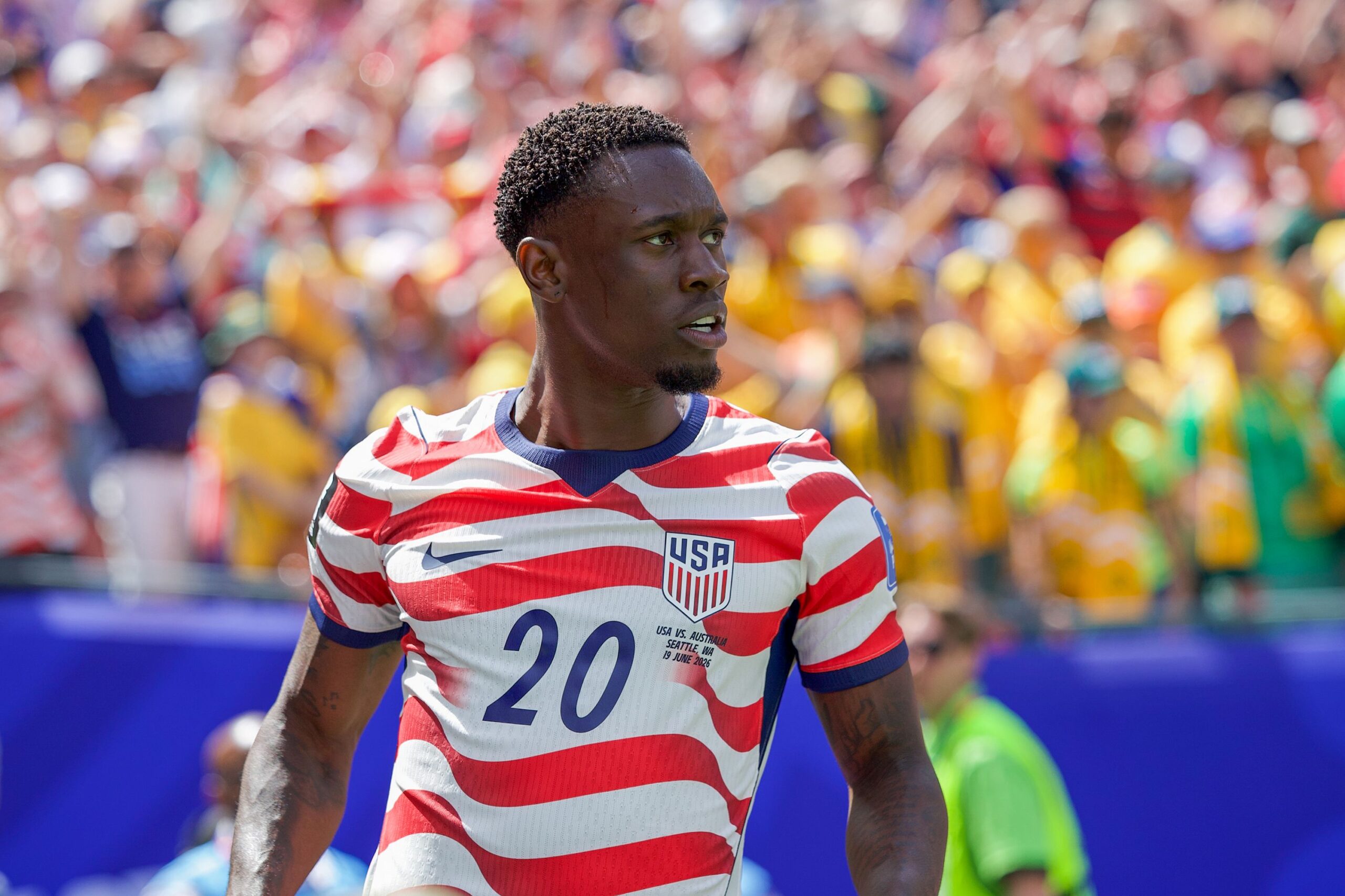 <i>Al Sermeno/ISI Photos/Getty Images via CNN Newsource</i><br/>Folarin Balogun of the United States during the FIFA World Cup 2026 match against Australia on June 19.