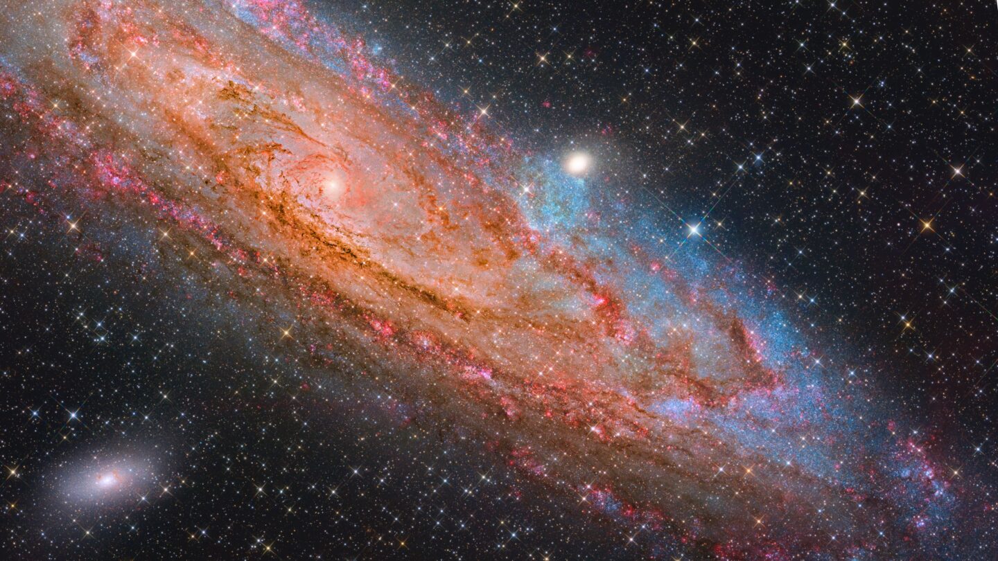 <i>Chuhong Yu and Zuoming Wang via CNN Newsource</i><br/>This deep-field image of the Andromeda Galaxy (M31) captures its dual nature: a crimson vortex of ionised gas and dust spiraling toward the supermassive black hole at its centre and sapphire "blossoms" – luminous blue stellar nurseries – blooming across its spiral arms.