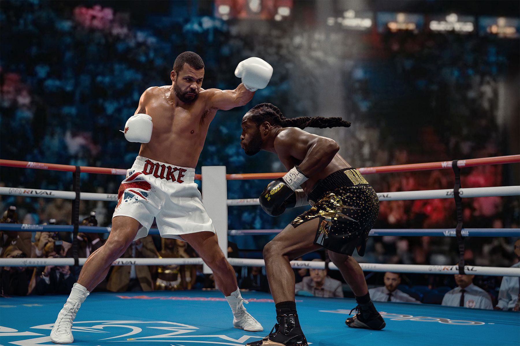 <i>Christopher Raphael/Starz via CNN Newsource</i><br/>Howard Charles as Maduka ‘Duke’ Kilroy and Marcus Luther Fleming as H-Bomb in “Fightland.”