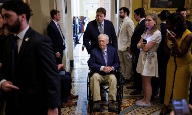 Sen. Mitch McConnell leaves a weekly policy lunch on Capitol Hill on May 19.