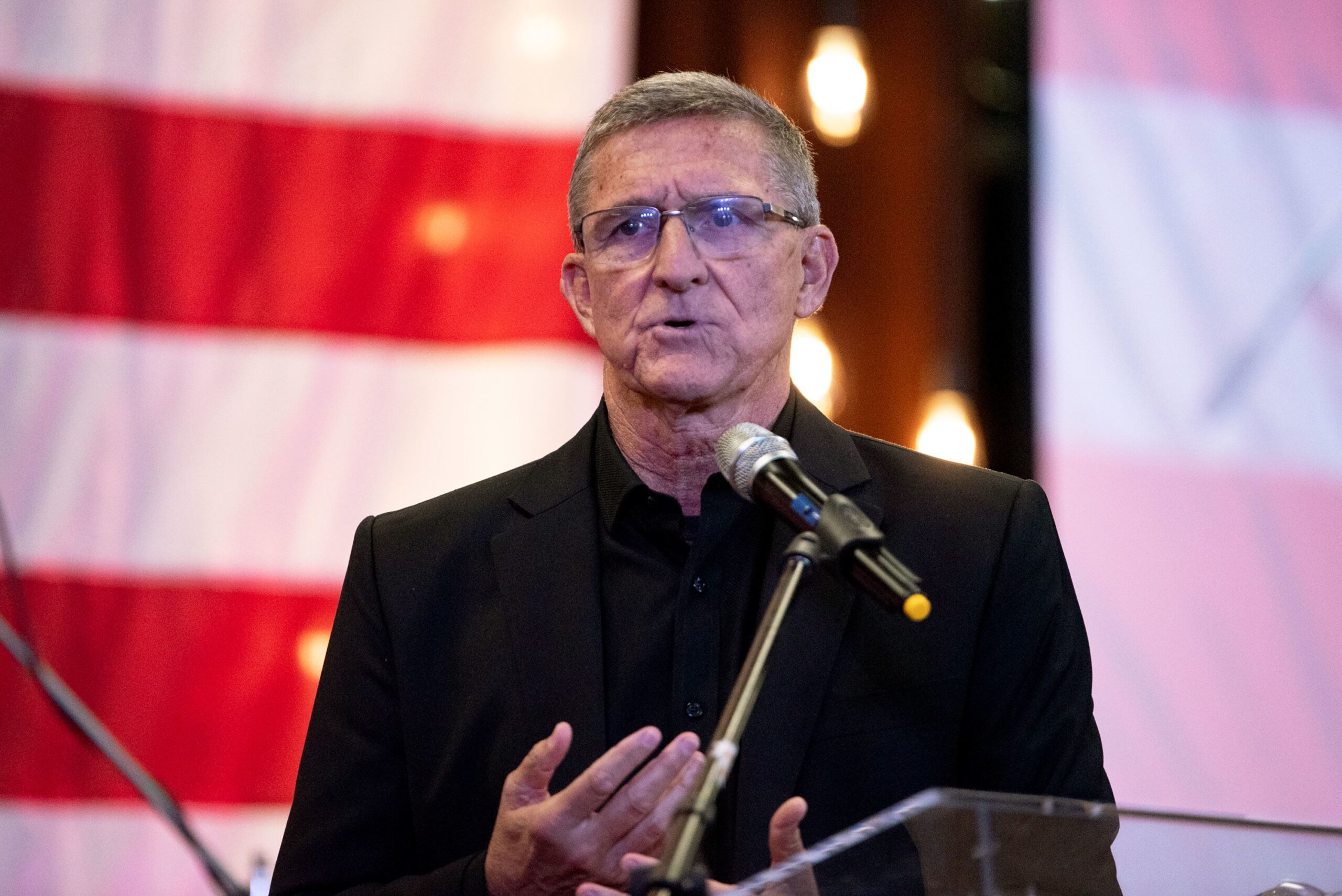 <i>Zach D Roberts/NurPhoto/AP/File via CNN Newsource</i><br/>Michael Flynn speaks at the Rod of Iron Freedom Festival in Newfoundland